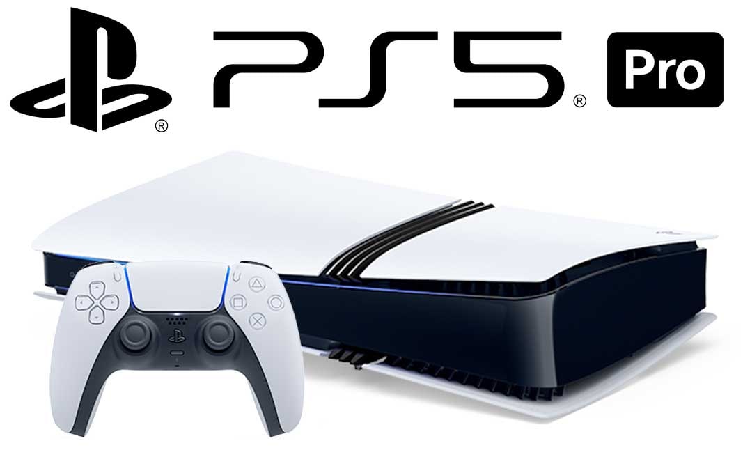 Montaje promocional de PS5 Pro con la consola, un mando DualSense y el logotipo