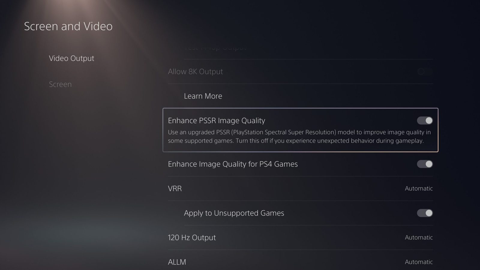 PS5 Pro system setting used to enable upgraded PSSR image quality