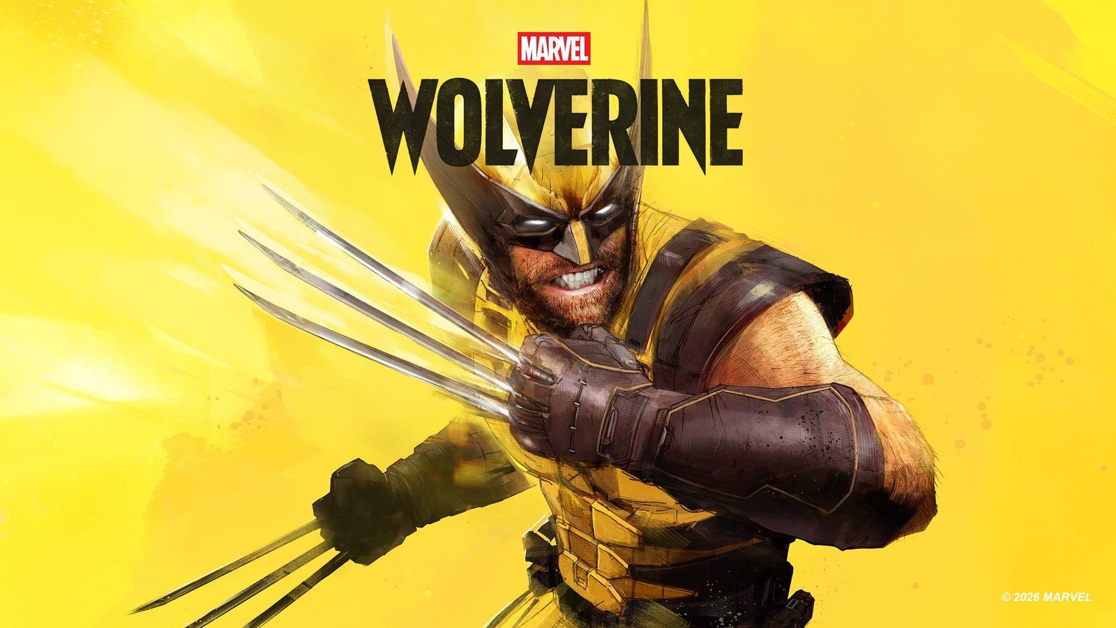 Ilustración promocional oficial de Marvel’s Wolverine con el personaje y sus garras sobre fondo amarillo.