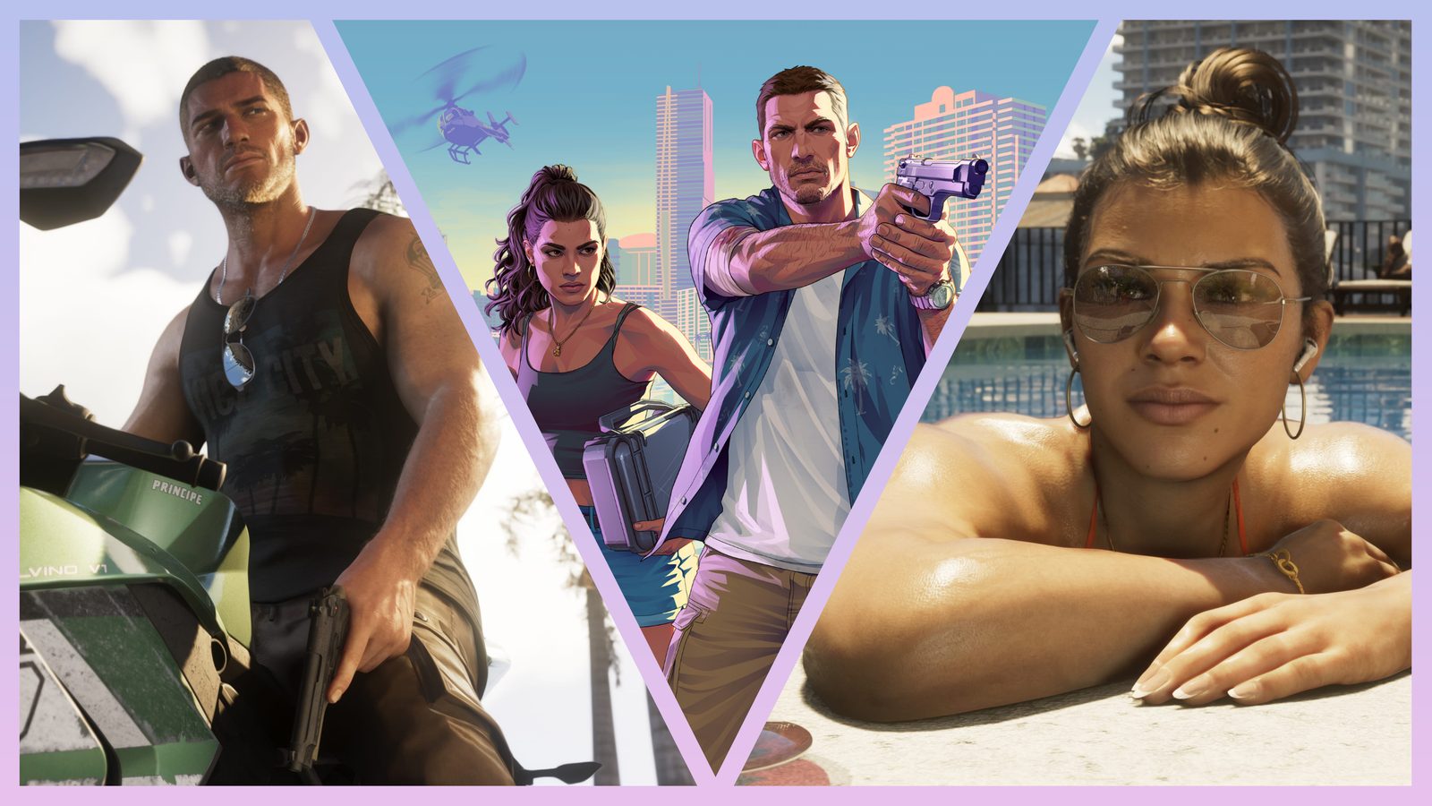 Montaje oficial de GTA 6 con Jason en moto acuática, el arte de Lucia y Jason armados y Lucia en la piscina