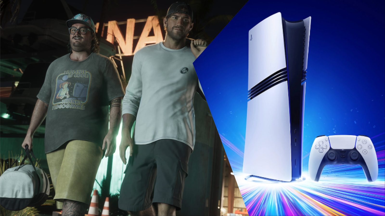 GTA 6 characters at the marina next to a PS5 Pro with its DualSense controller
