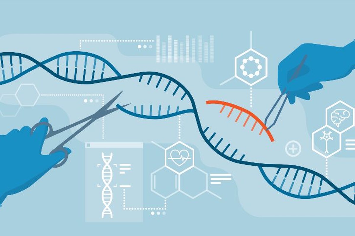3D depiction of tweezers editing a strand of DNA