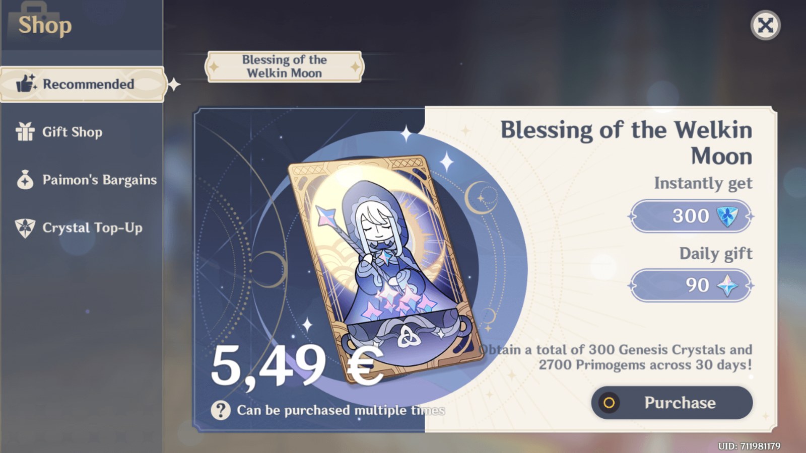 Tienda de Genshin Impact con la suscripción Bendición de la Luna a 5,49 euros