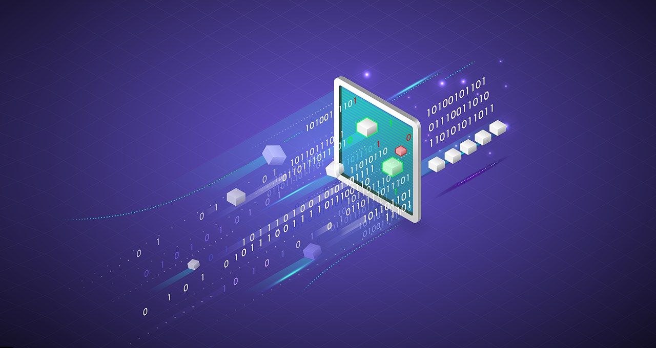Illustration of a screen turning blocks of data into binary code