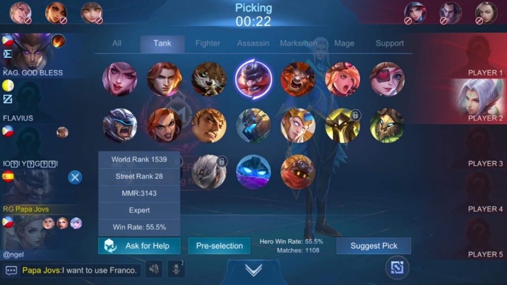 Fase de selección y bloqueo de héroes de una partida clasificatoria de Mobile Legends