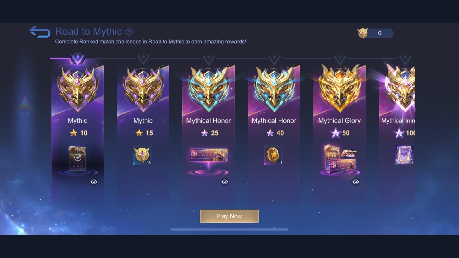Camino de Mítico a Inmortal Mítico con recompensas a las 10, 15, 25, 40, 50 y 100 estrellas