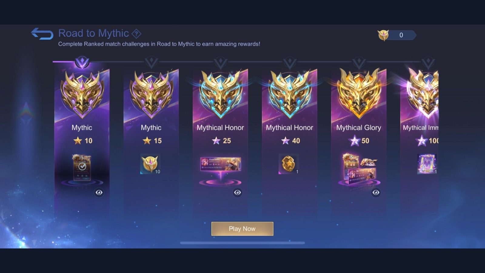 Road from Mythic to Mythical Immortal with rewards at 10, 15, 25, 40, 50 and 100 stars