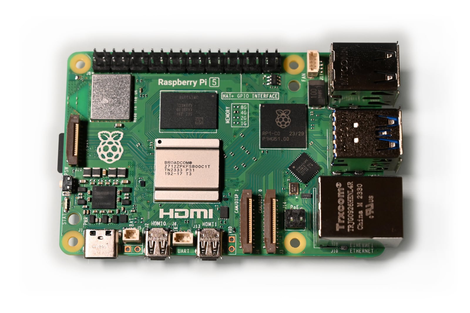 Raspberry Pi 5 board viewed from above, showing USB, Ethernet and micro-HDMI connectors