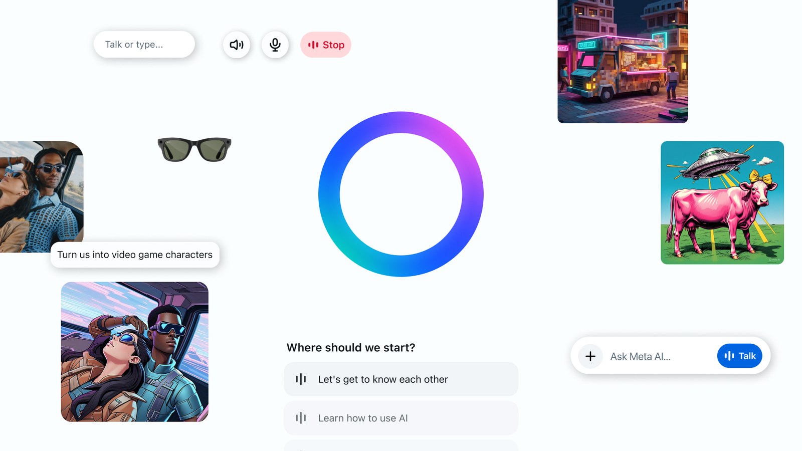 Promotional image of the Meta AI app, which pairs with the glasses and stores the voice history, showing the button to talk to the assistant