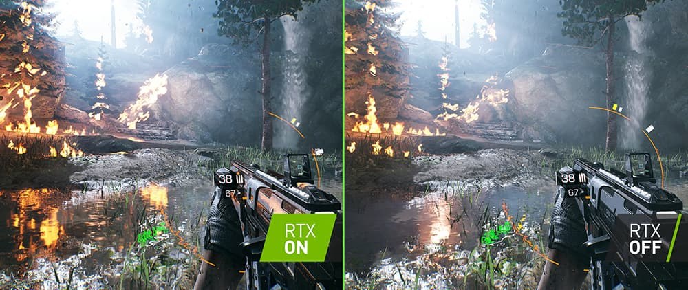Battlefield V with RTX on and off, with fire reflected in the water only on the left half