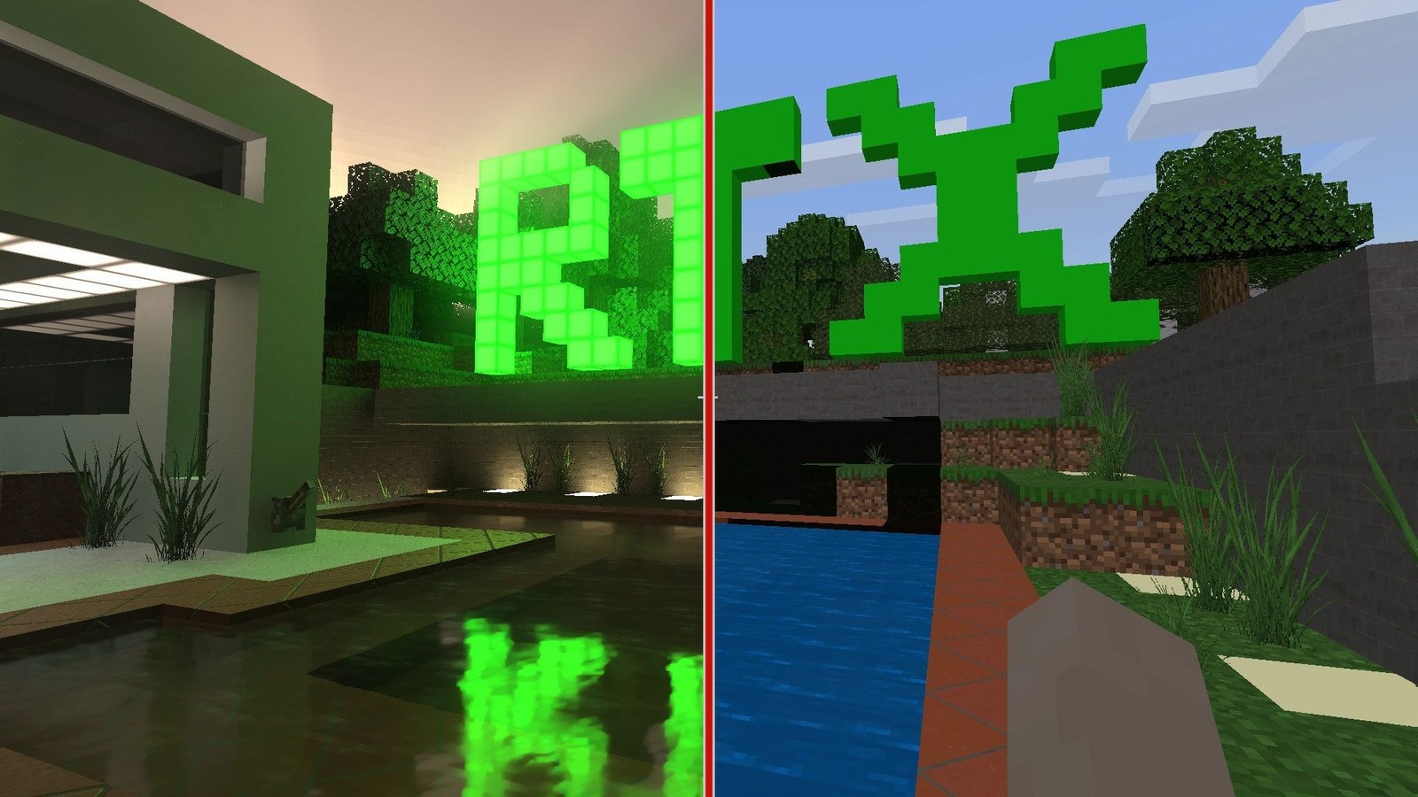 Minecraft with RTX on and off, with reflections and bounced light on the left half