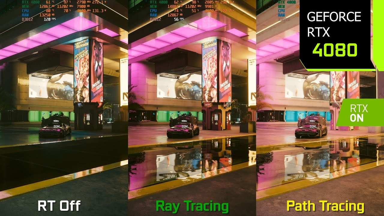 Comparativa de Cyberpunk 2077 en la misma escena sin ray tracing, con ray tracing y con path tracing en una RTX 4080