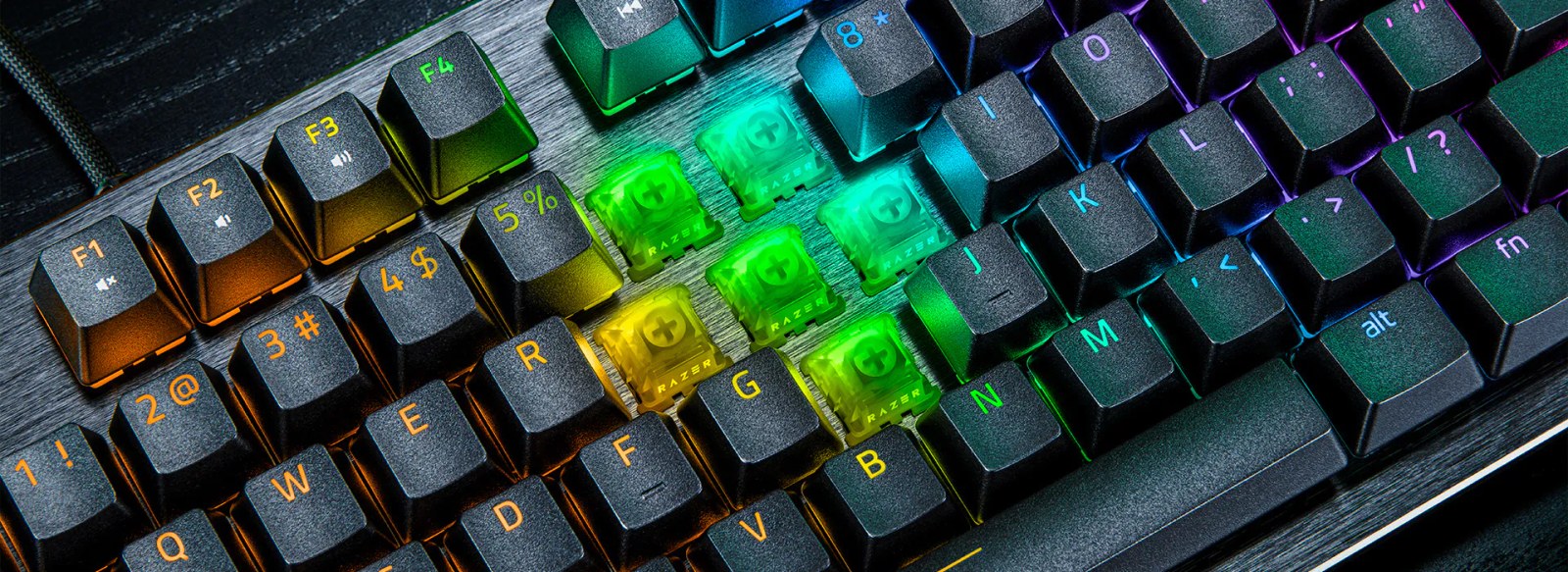 Close-up of Razer Huntsman V3 HE magnetic switches with several keycaps removed