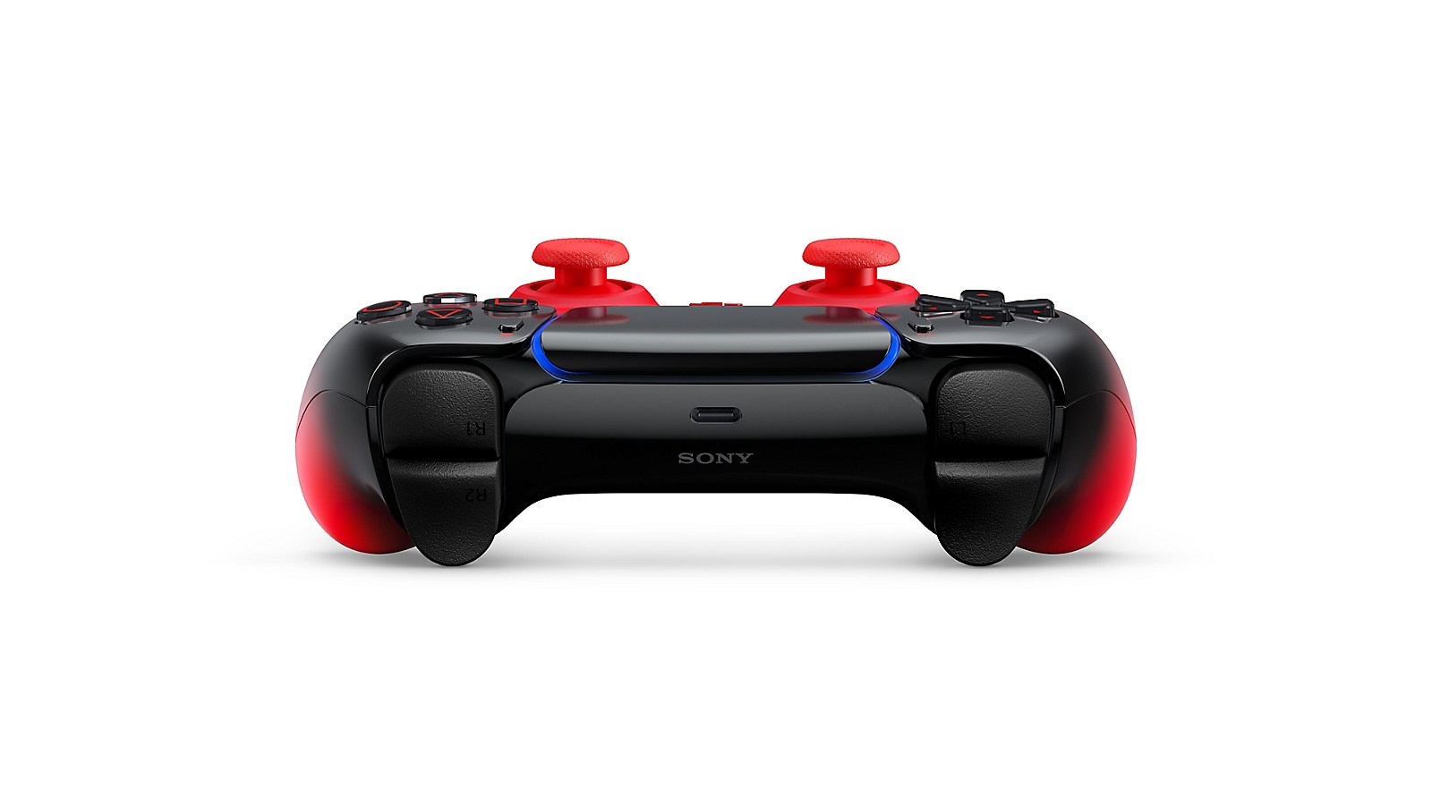 Top view of the DualSense Techno Red with its USB-C port between L1 and R1