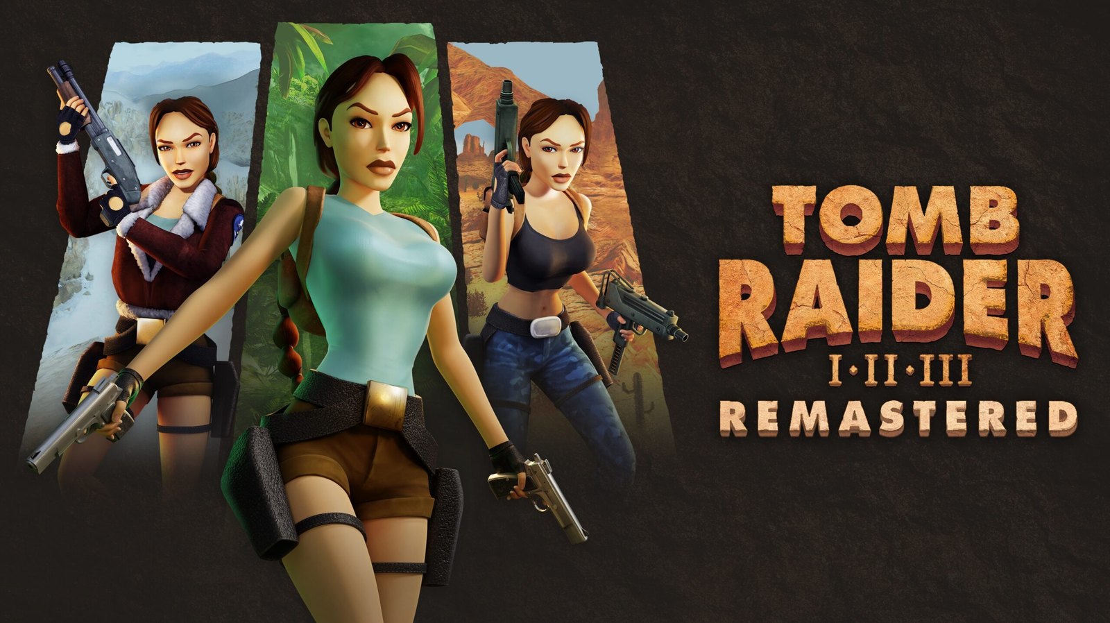 Official Tomb Raider I-III Remastered artwork with three versions of Lara