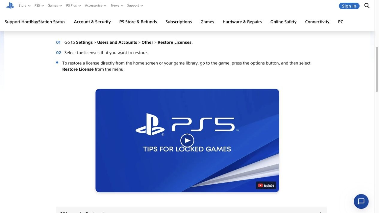 Screenshot of Sony’s web support showing the PS5 restore-license menu path