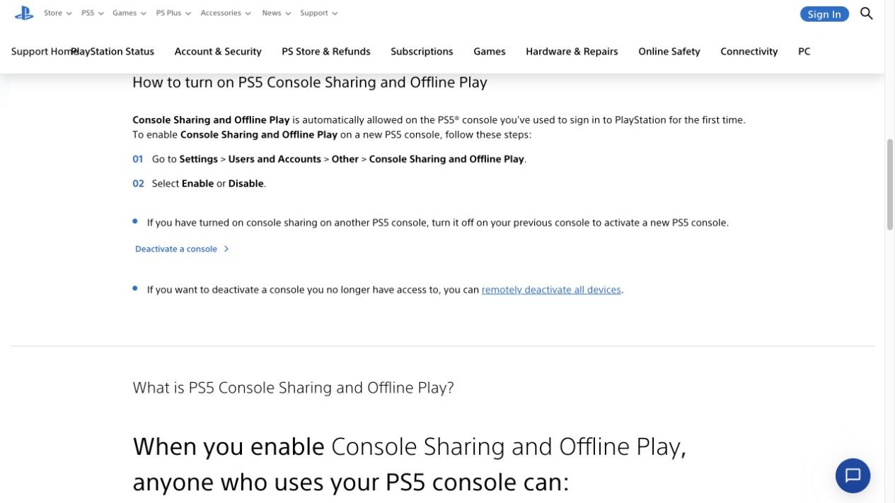 Screenshot of Sony’s web support explaining Console Sharing and Offline Play