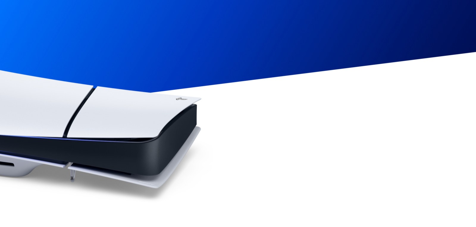A horizontal PS5 console against a white and blue background