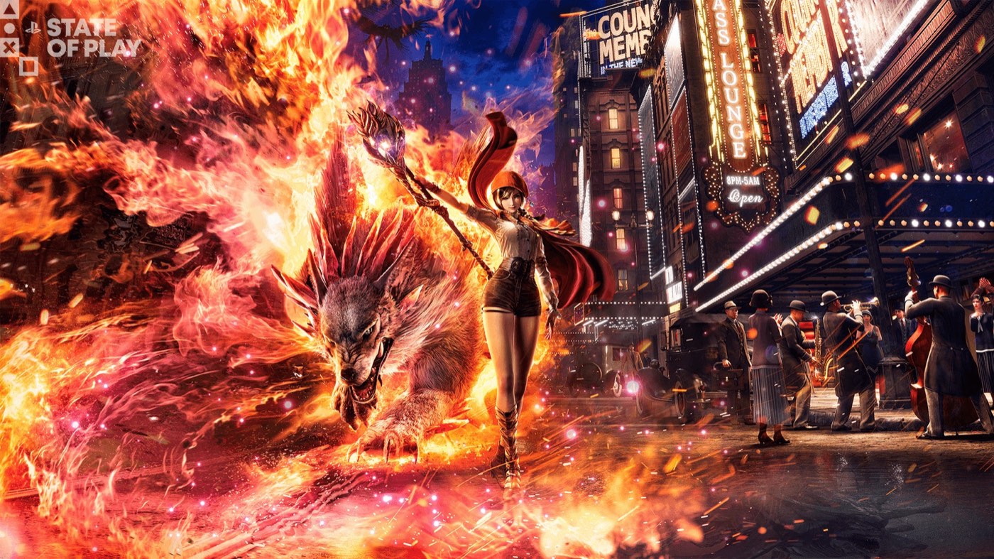 Ellie avanza junto a una bestia de fuego por una calle de Nueva York