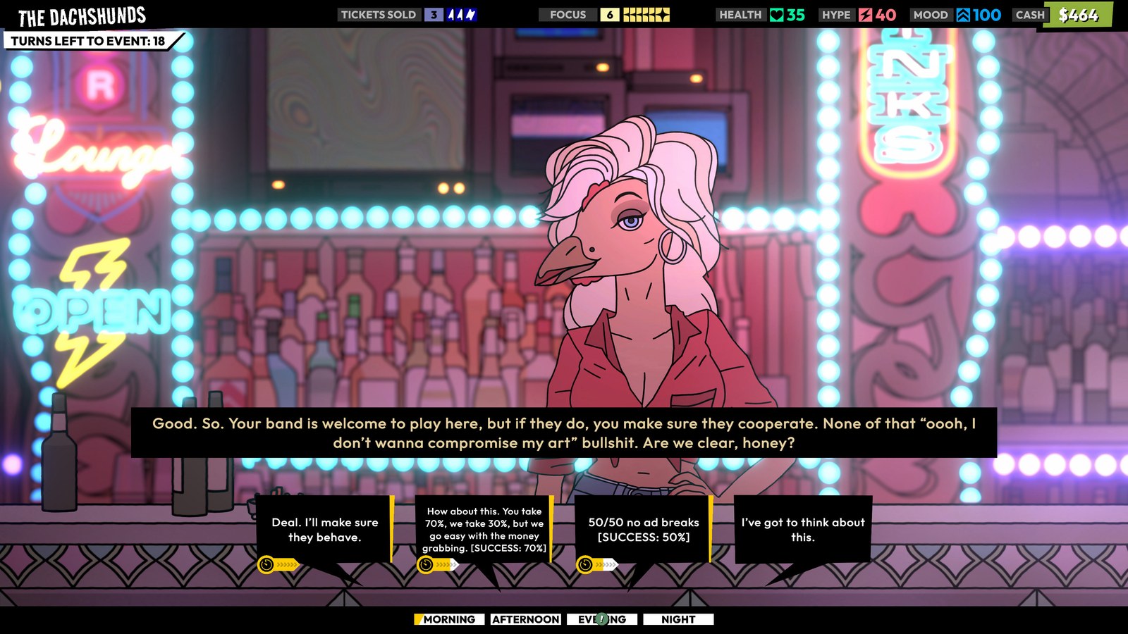 Conversación con un personaje de pelo rosa en Rockbeasts
