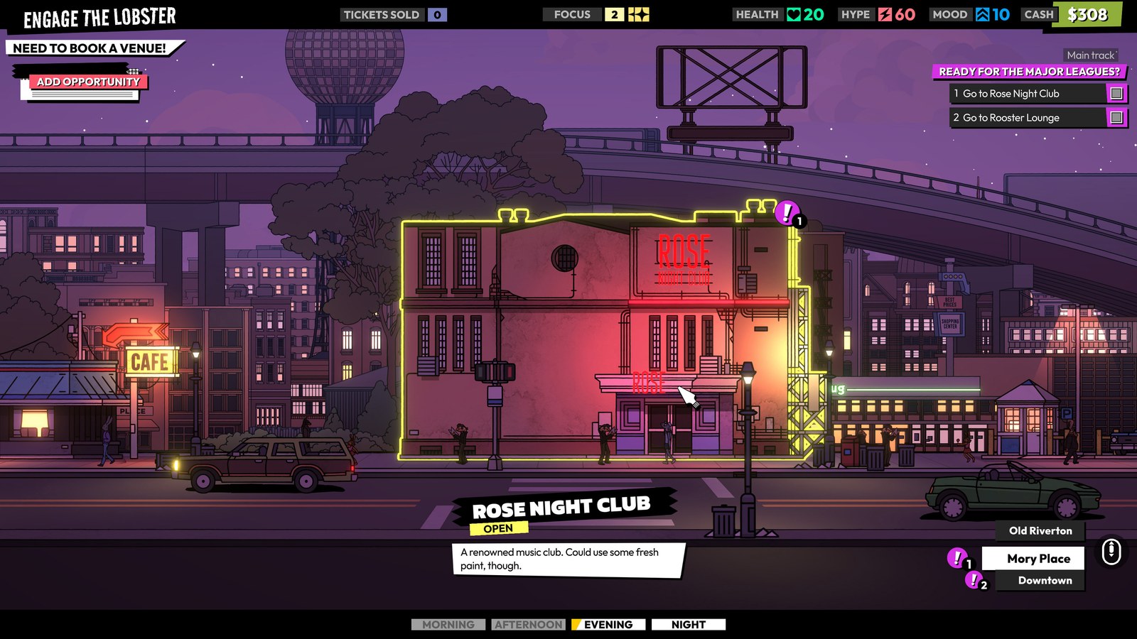 Fachada iluminada del Rose Night Club en Rockbeasts