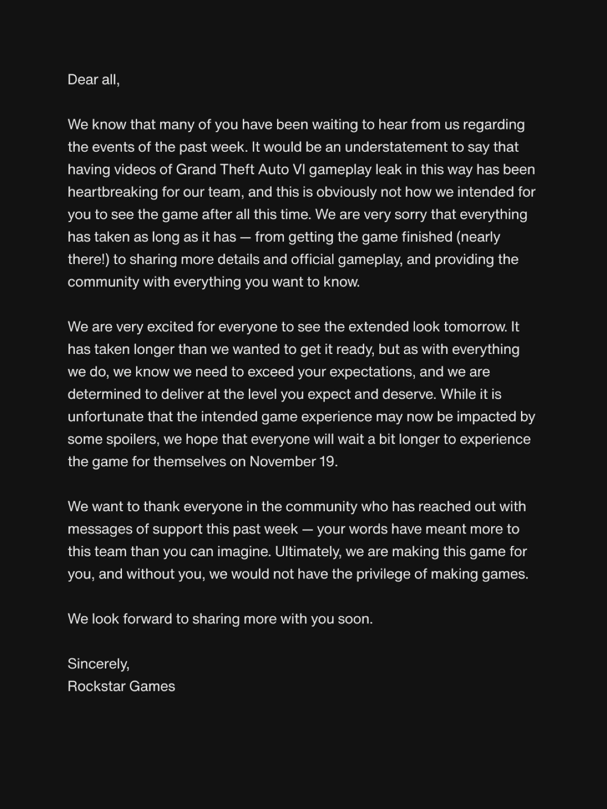 Rockstar Games' official statement about the leaked GTA 6 gameplay