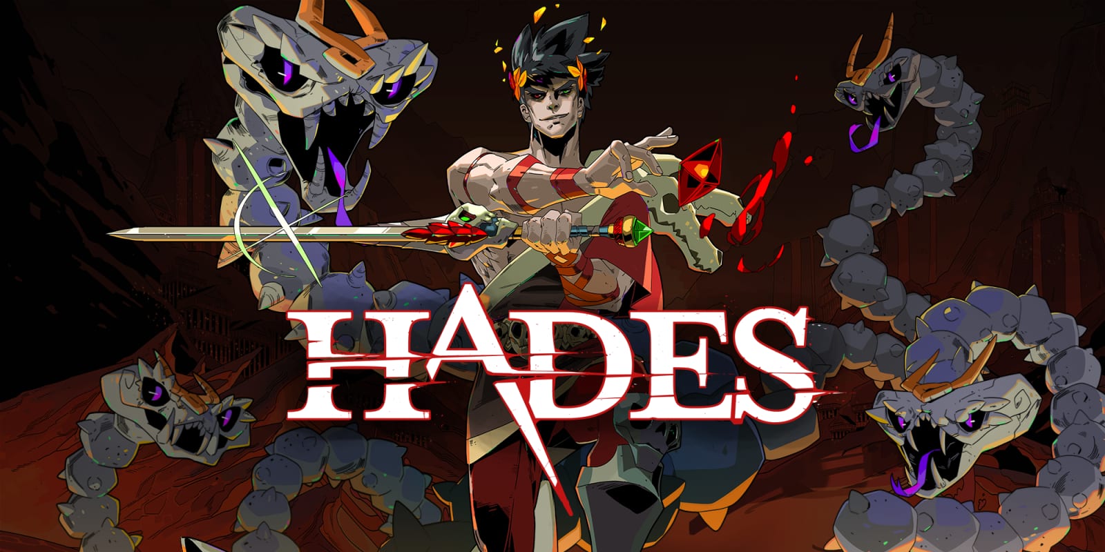 Zagreo empuña su espada rodeado por criaturas del Inframundo en el arte oficial de Hades