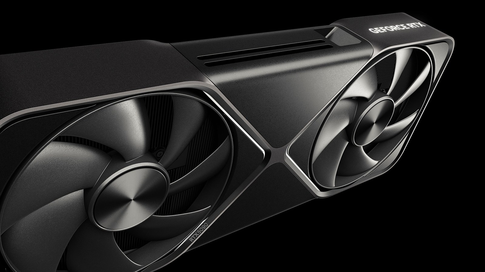GeForce RTX 5090 Founders Edition graphics card shown at an angle with its two fans on a black background