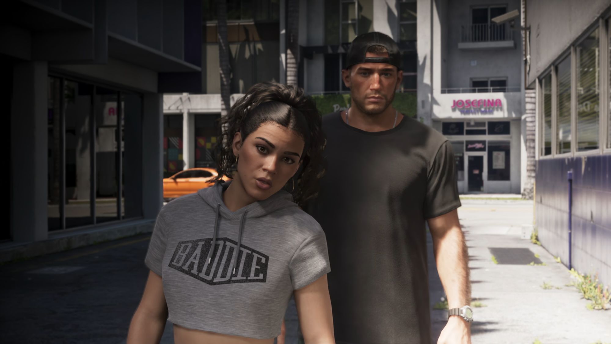 Lucia and Jason walk through a Vice City street in a new GTA 6 image