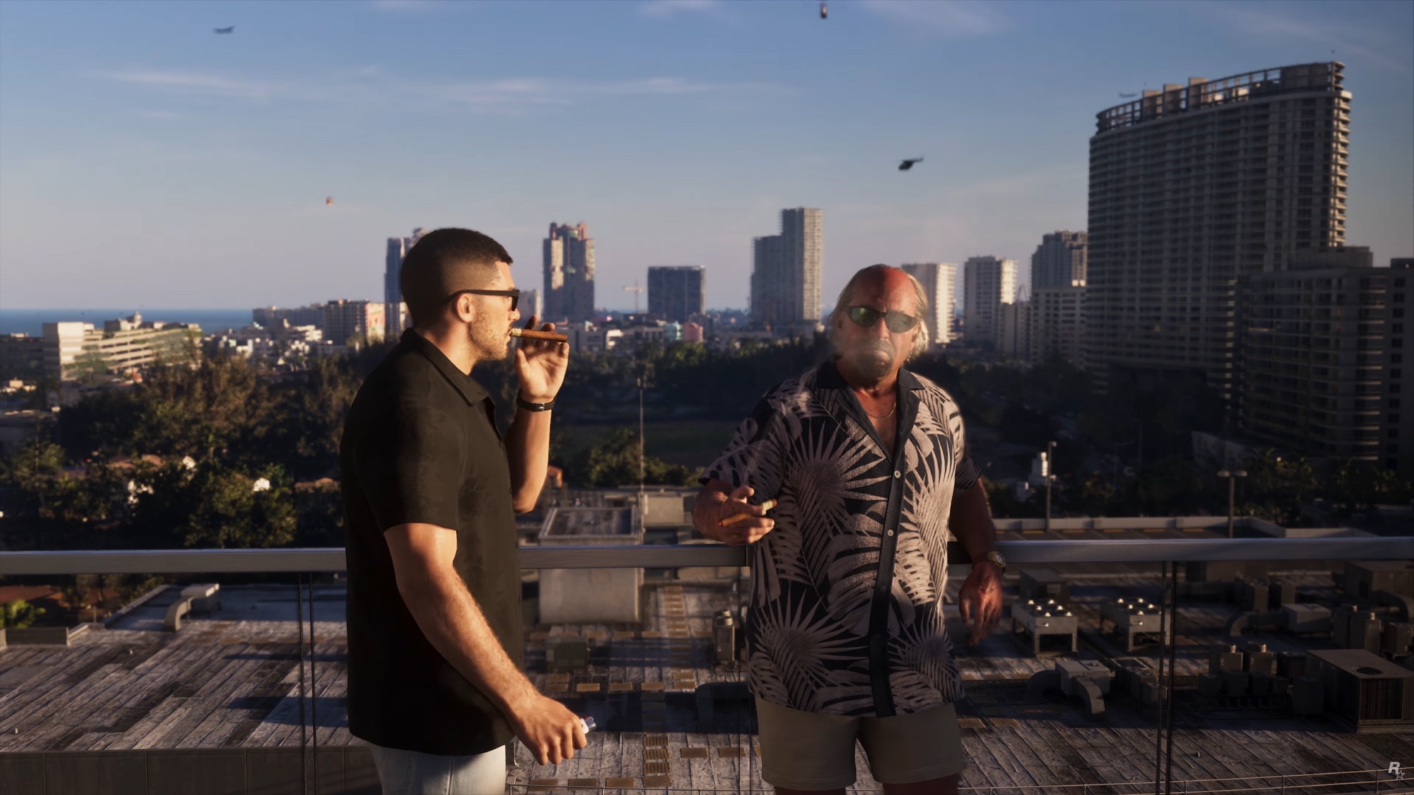 Jason fuma un puro junto a un personaje de GTA 6 ante el perfil de Vice City