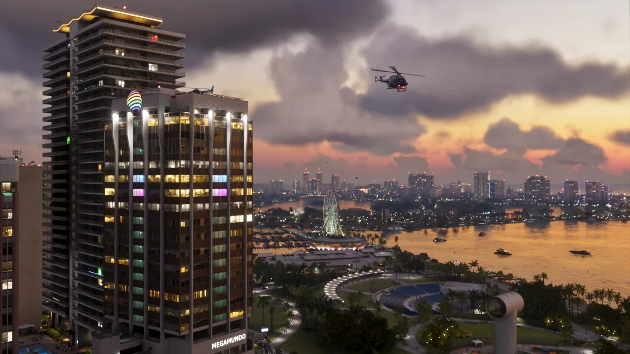 Vice City at sunset with helicopters and boats in a GTA 6 screenshot