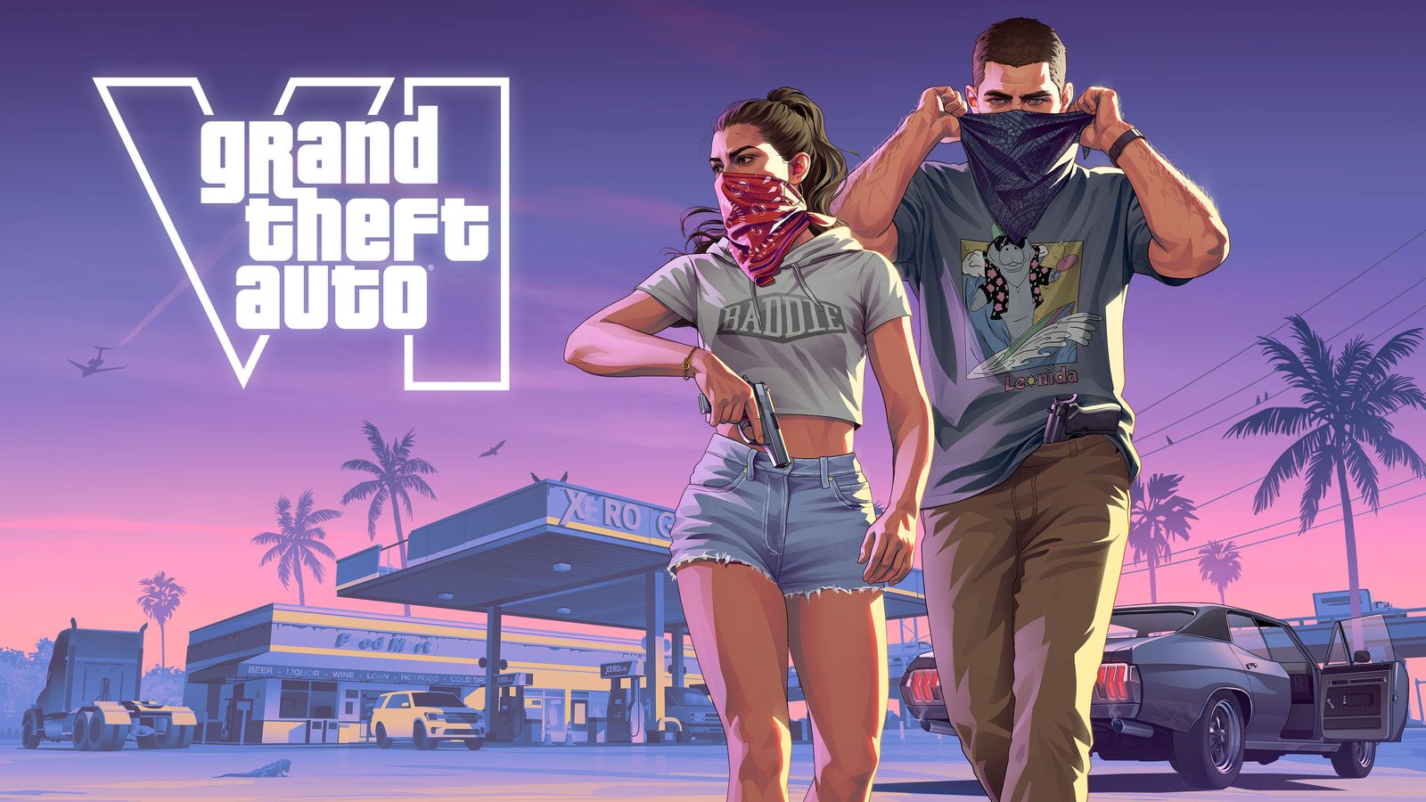 Arte oficial de GTA VI con Jason y Lucía cubriéndose la cara con pañuelos frente a una gasolinera de Leonida