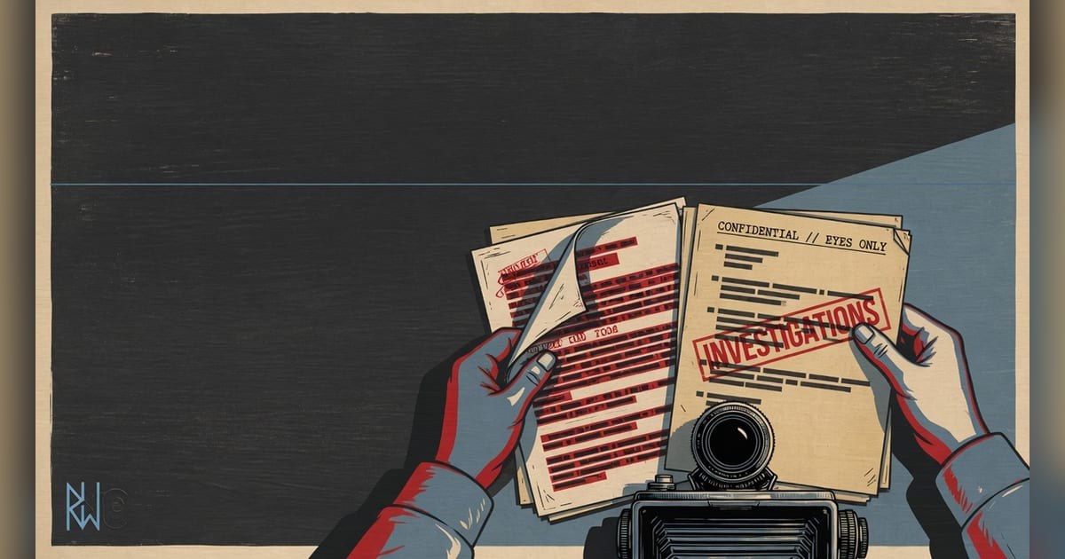 AI-generated illustration for RuntimeWire's investigations section, with redacted confidential documents