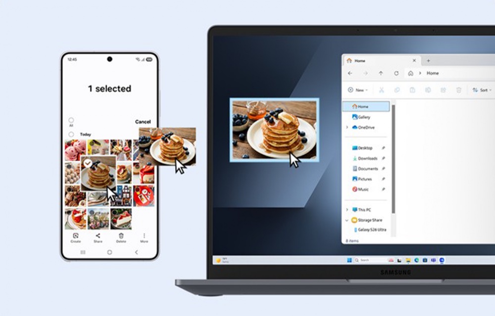 Una fotografía se arrastra desde un móvil Galaxy hasta el Samsung Galaxy Book6 mediante Multi Control