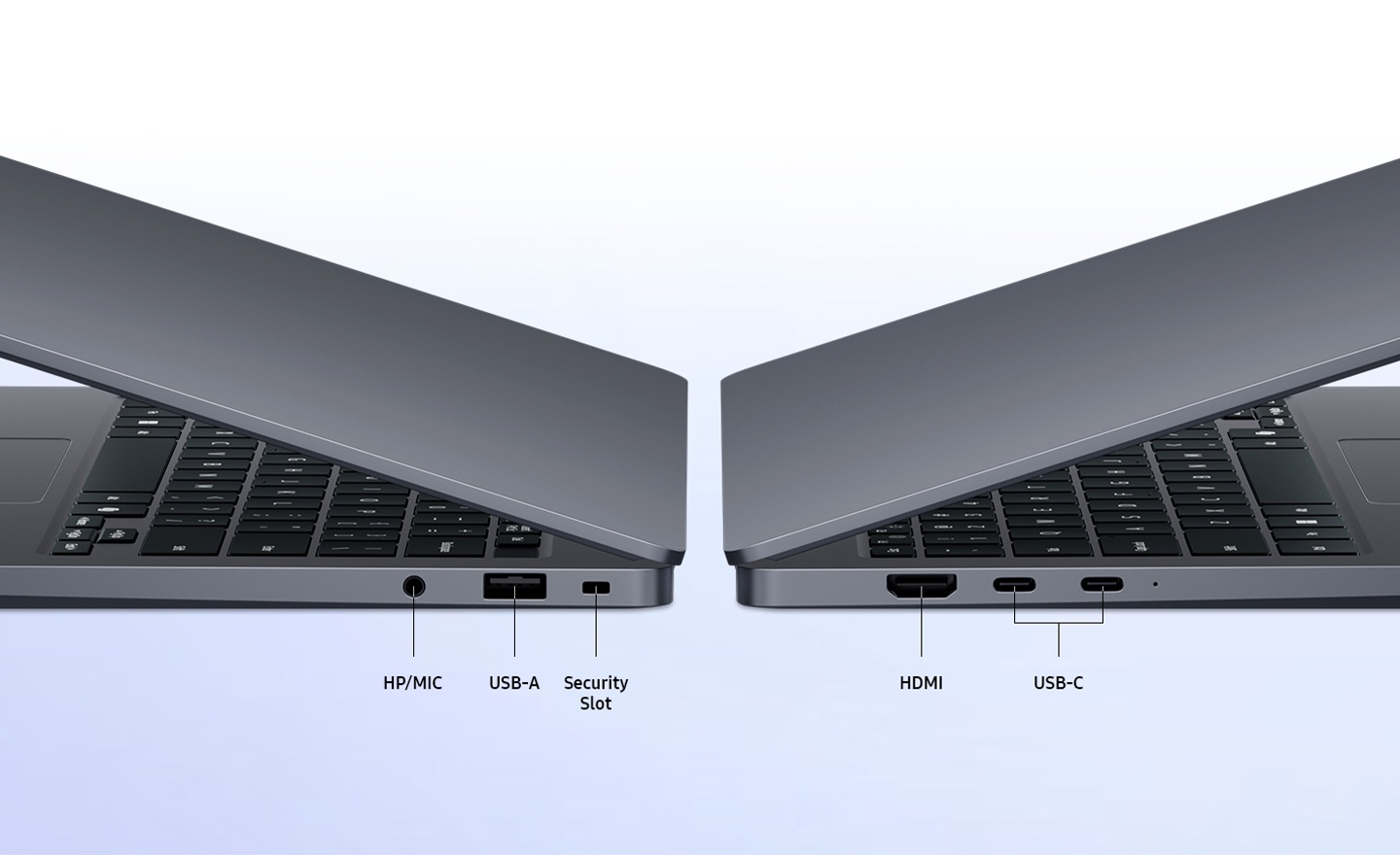 Laterales del Samsung Galaxy Book6 con dos USB-C, USB-A, HDMI y conexión de auriculares
