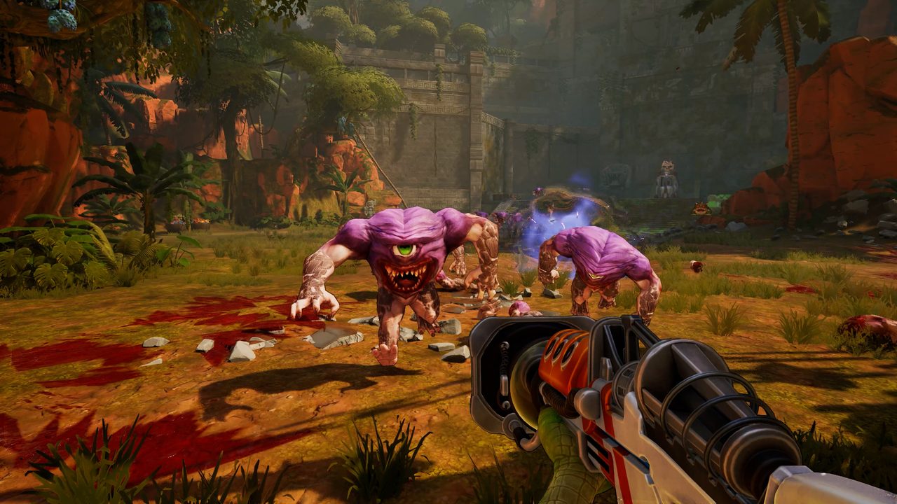 Combate contra hordas de enemigos en un escenario de Serious Sam: Shatterverse