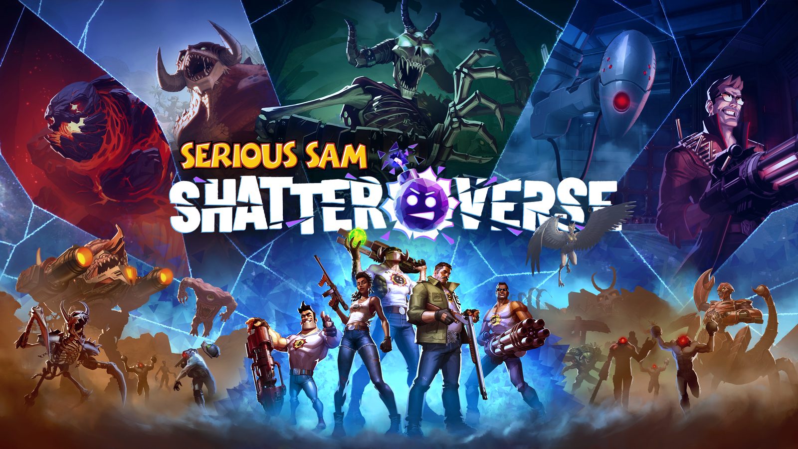 Serious Sam: Shatterverse key art with several multiverse Sams armed to the teeth