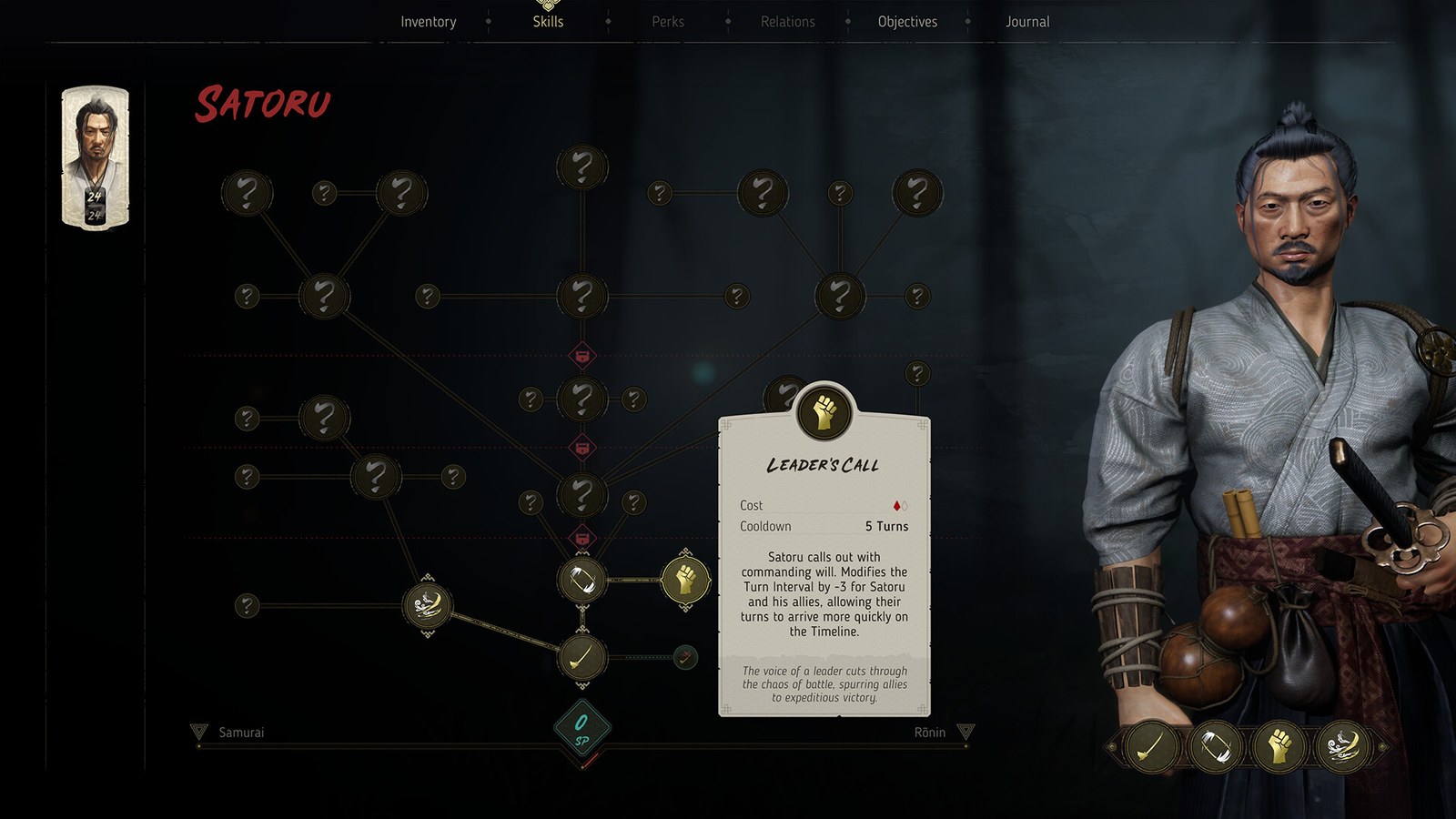 Satoru’s skill tree in Shadow of the Road