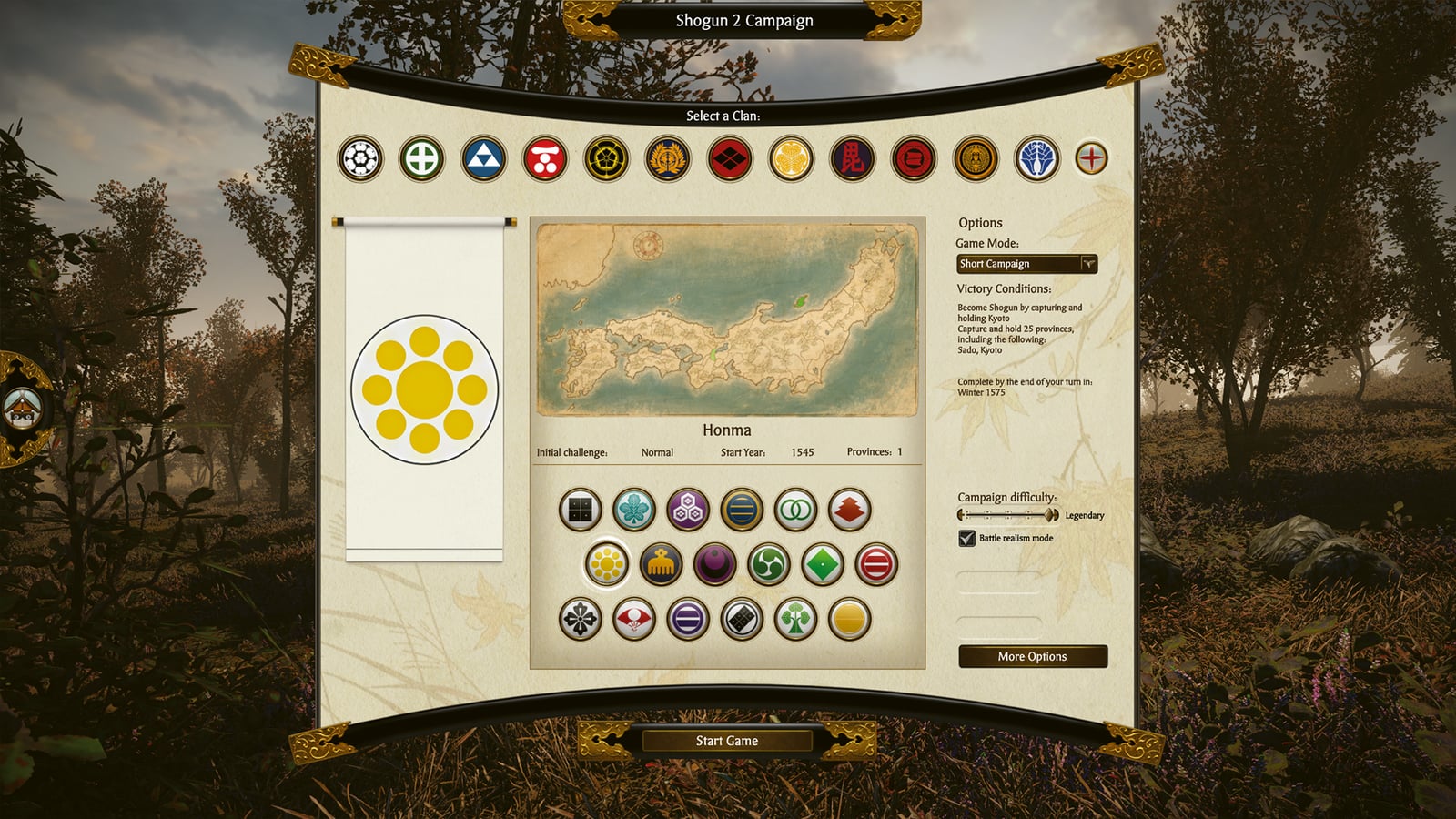 Honma clan selection screen with a map of Japan and the emblems of other clans
