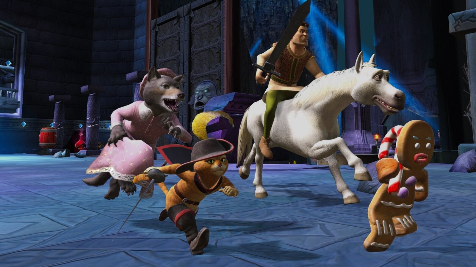 El Gato con Botas, Jengi, el Lobo Feroz y un jinete en un caballo blanco corren por un salón del castillo en Shrek 2 Remastered