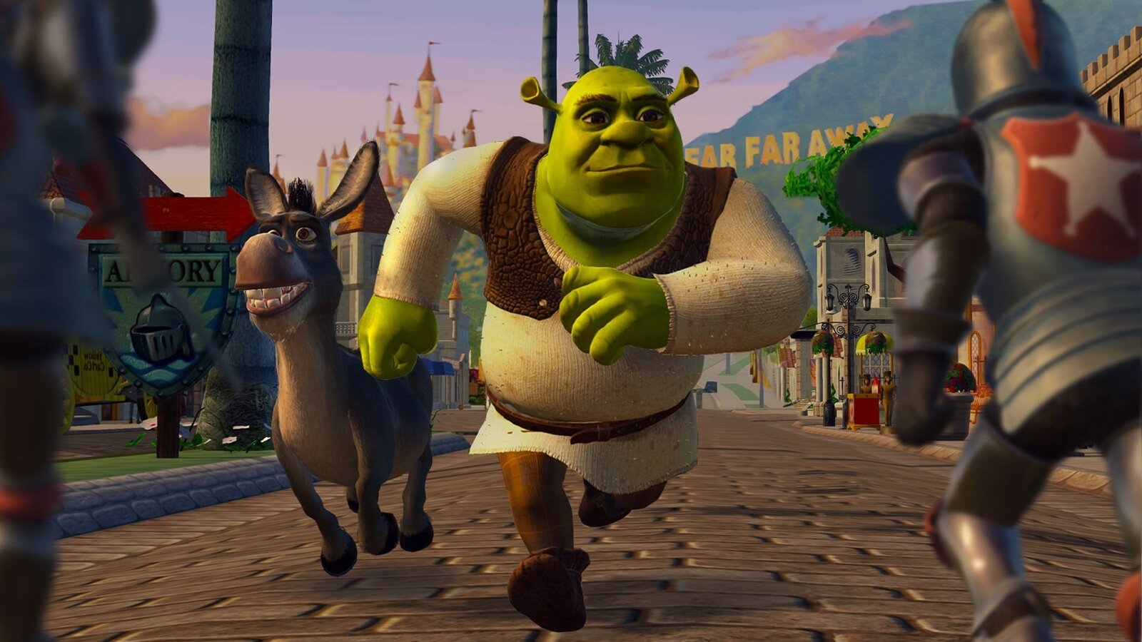 Shrek y Asno corren por una calle de Muy Muy Lejano perseguidos por guardias con armadura en Shrek 2 Remastered