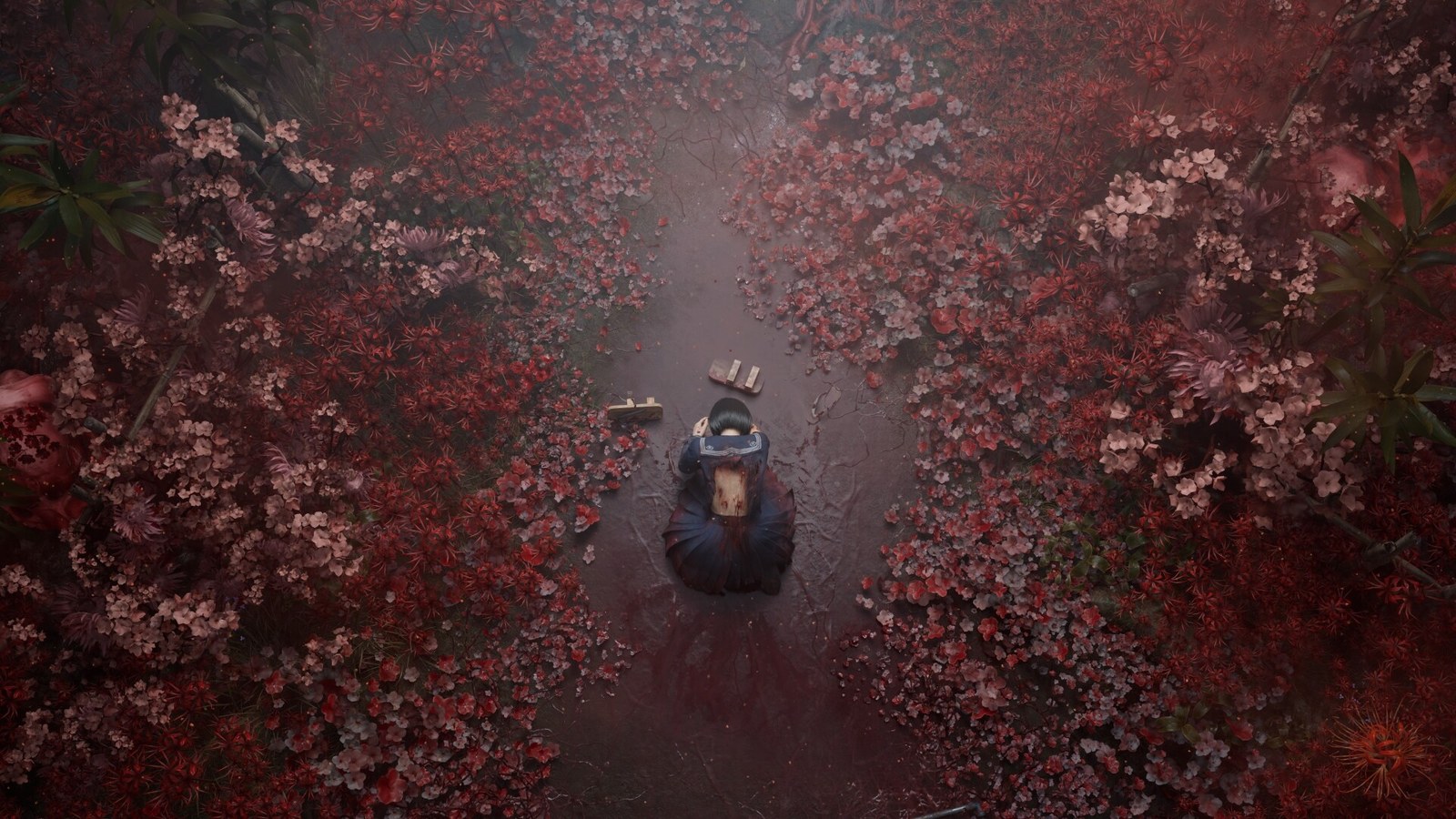 Una figura entre vegetación en el pueblo japonés de Silent Hill f