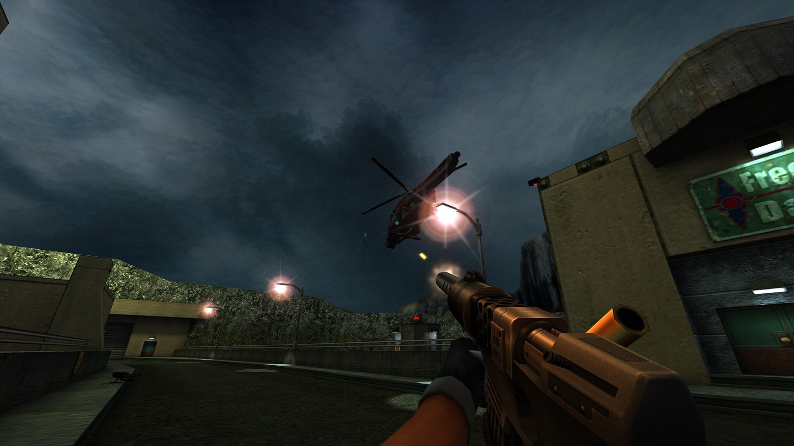 A helicopter above a facility in SiN Reloaded