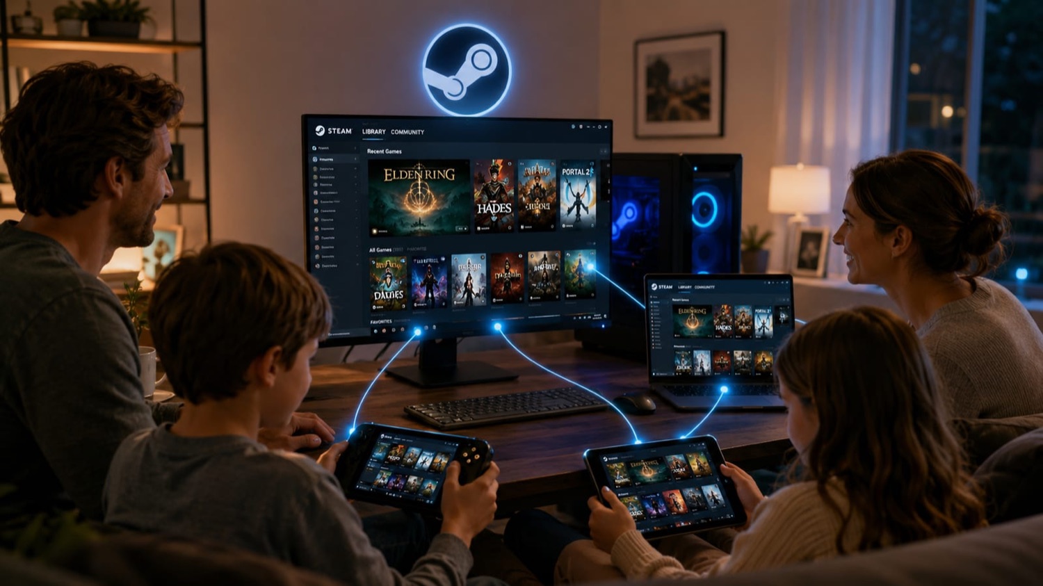 La biblioteca de Steam Families abierta en varios dispositivos
