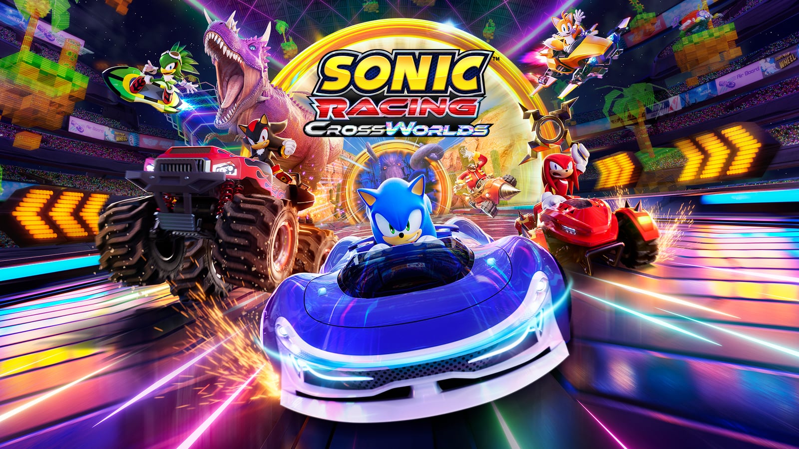 Sonic Racing CrossWorlds promotional key art with Sonic, Knuckles and Shadow in their vehicles