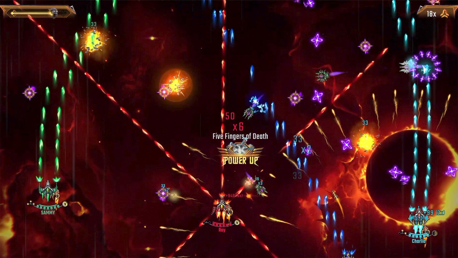 Naves y proyectiles de colores durante una partida de Space Metal Mania