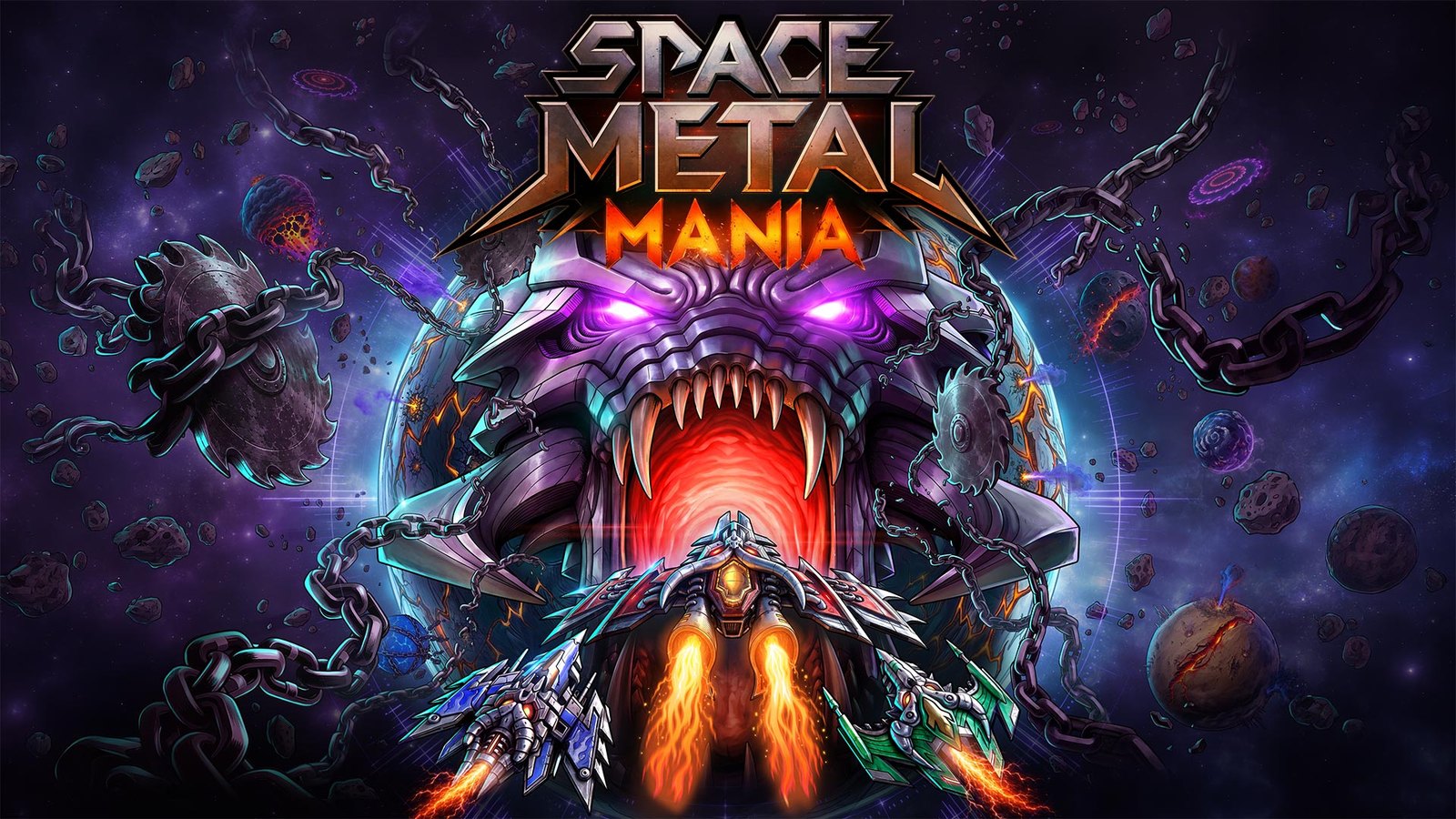 Ilustración oficial de una nave frente a una criatura espacial en Space Metal Mania