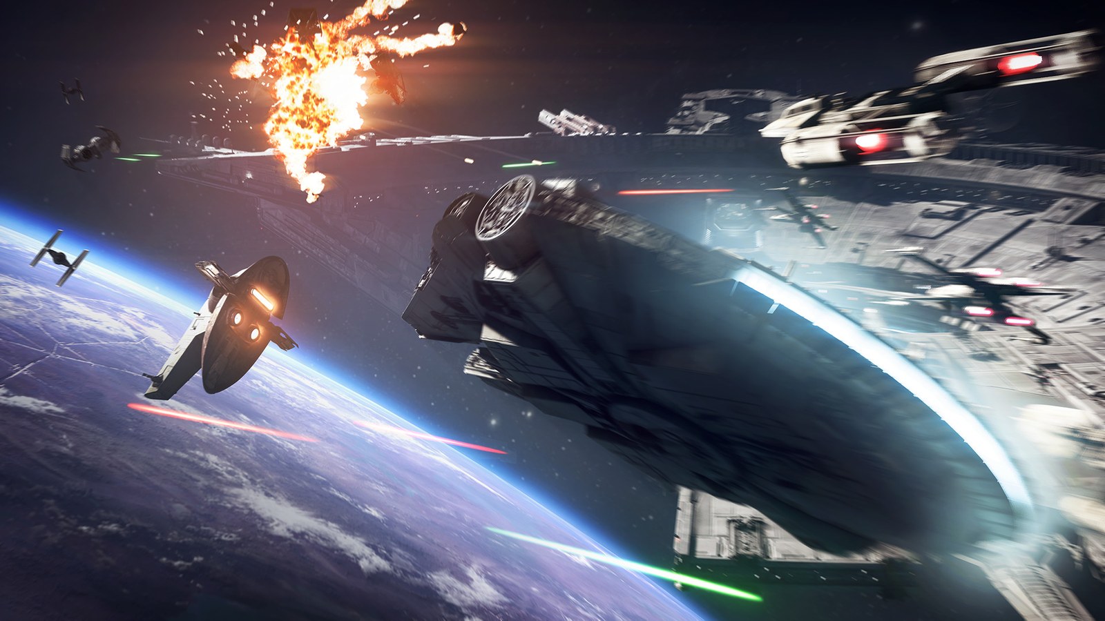 The Millennium Falcon fights in orbit alongside X-wing and TIE fighters, with a planet below, in Star Wars Battlefront II