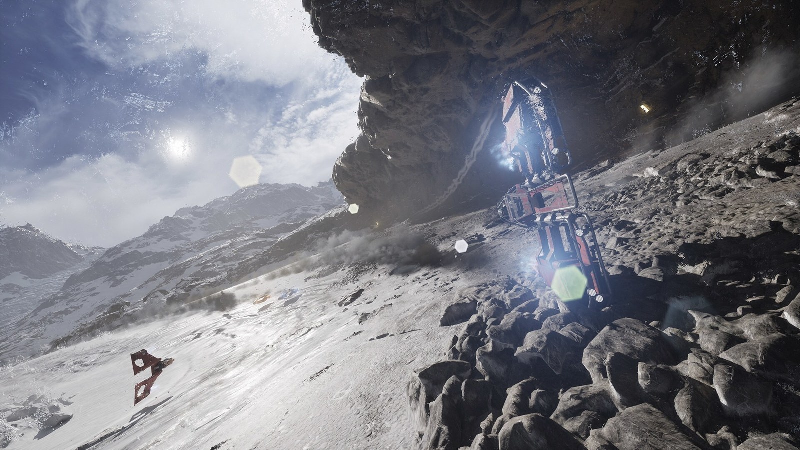 A Galactic Racer vehicle corners beside frozen cliffs