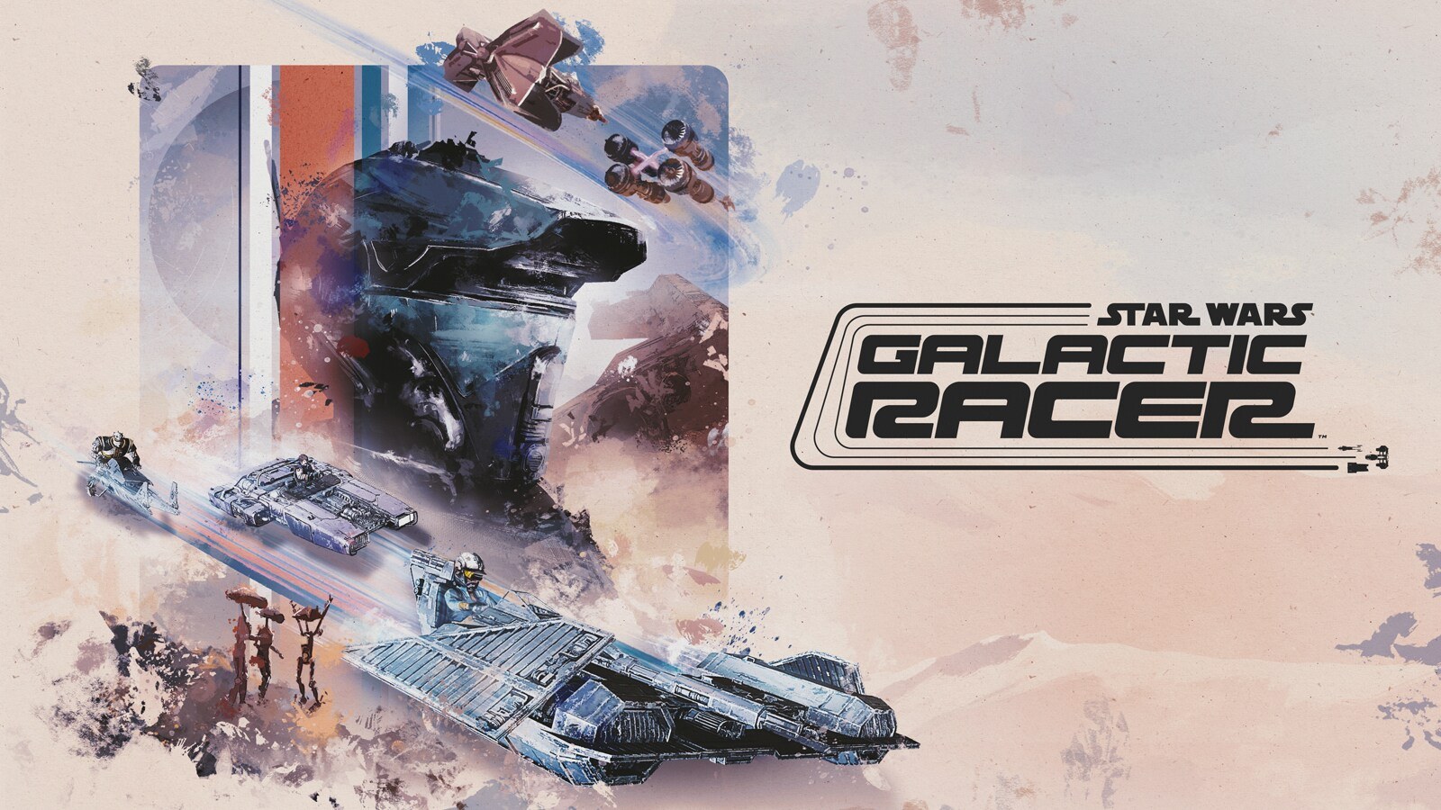 Arte oficial de Star Wars Galactic Racer con personajes y vehículos de carreras